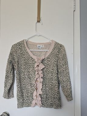 Ruffle-Trim Leopard Print Cardigan - Pink & Green
